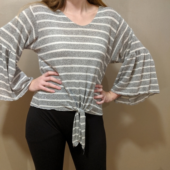 lavender field Tops - Lavender Field Gray Bell Sleeve Tie Front